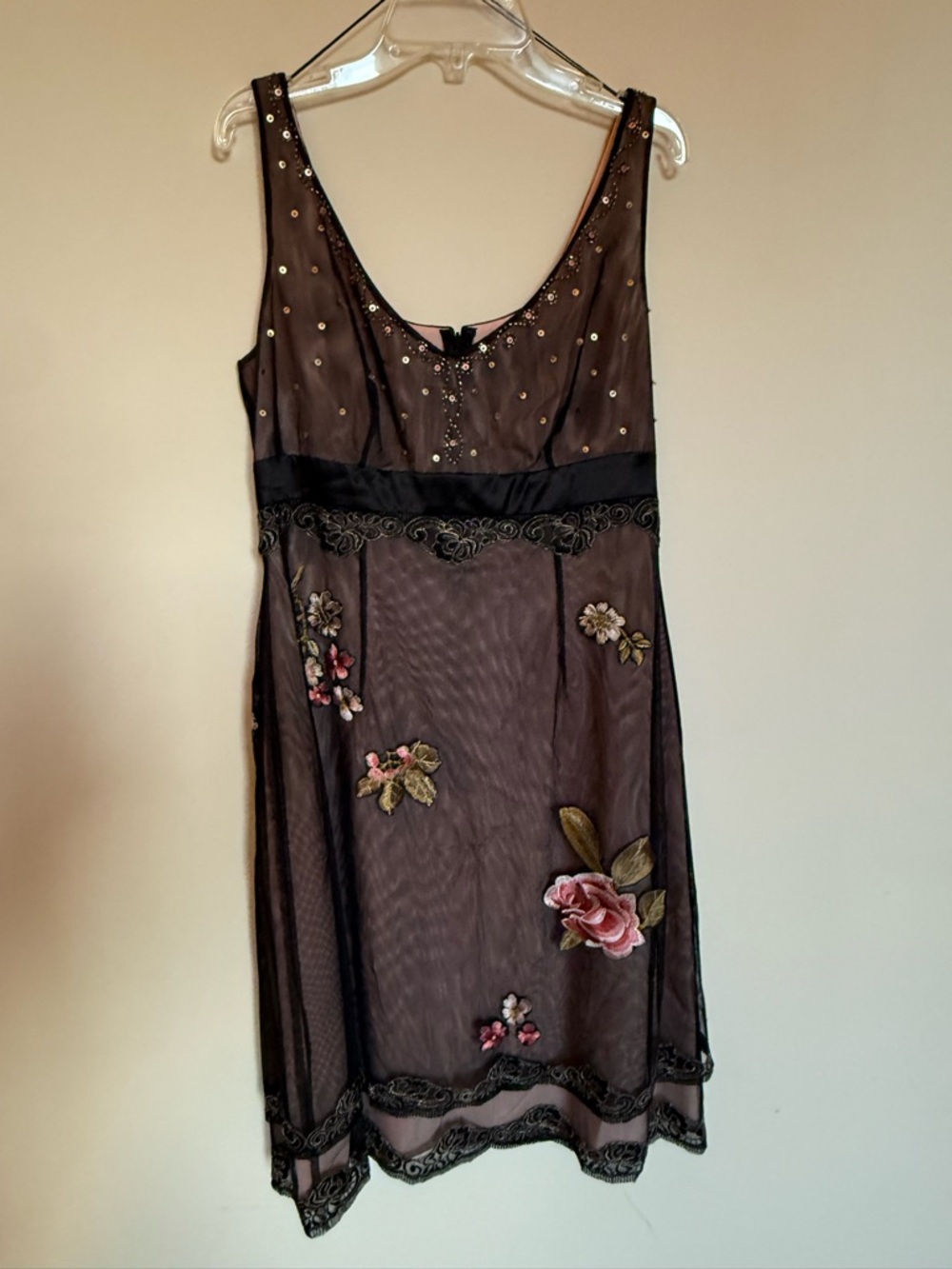VINTAGE Adrianna Papell Black Sheer Dress with Pink Floral Embroidery